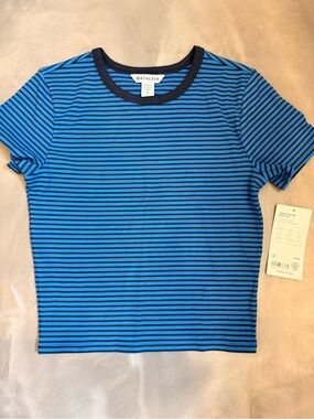NWT Athleta Blue and Black Striped Signature Rib Crop Tee size S